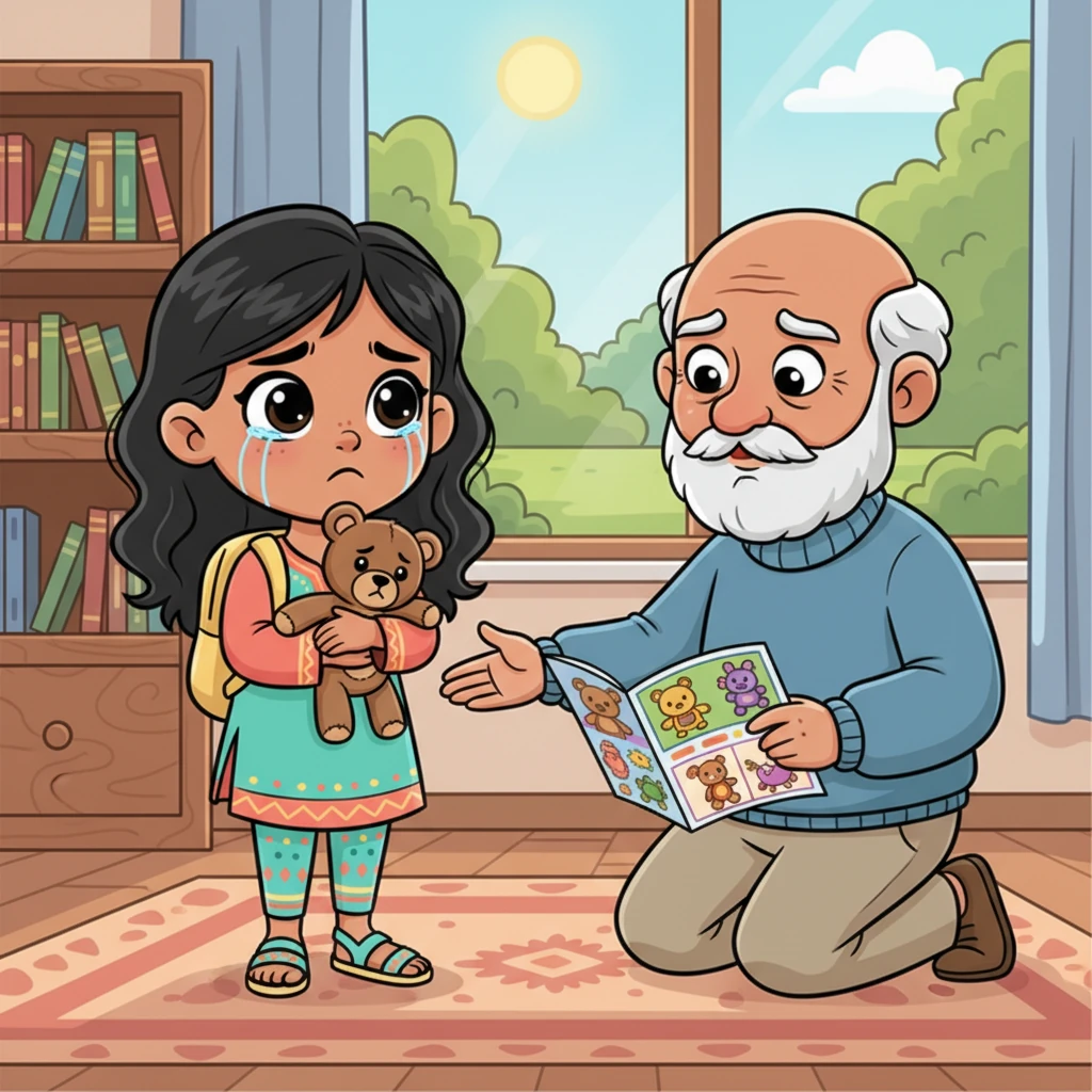 لاحظ جدها الطيب مدى حزنها العميق على لعبتها المفقودة. عرض عليها أن يشتري لها لعبة جديدة، لكن نور أصرت على أنها تريد لعبة مشابهة تمامًا للعبة الضائعة، ووعدها جدها بأنه سيساعدها في ذلك.