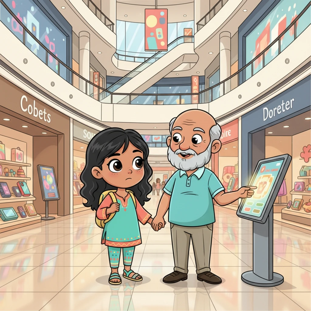 اصطحبها جدها إلى مركز تجاري حديث وواسع، مليء بالمحلات الكبيرة والتكنولوجيا اللامعة. بحثت نور عن لعبتها في كل مكان، لكنها لم تجد أي شيء يشبهها. أعجبت نور بالنظام والتنظيم وسهولة التسوق في هذا المكان.