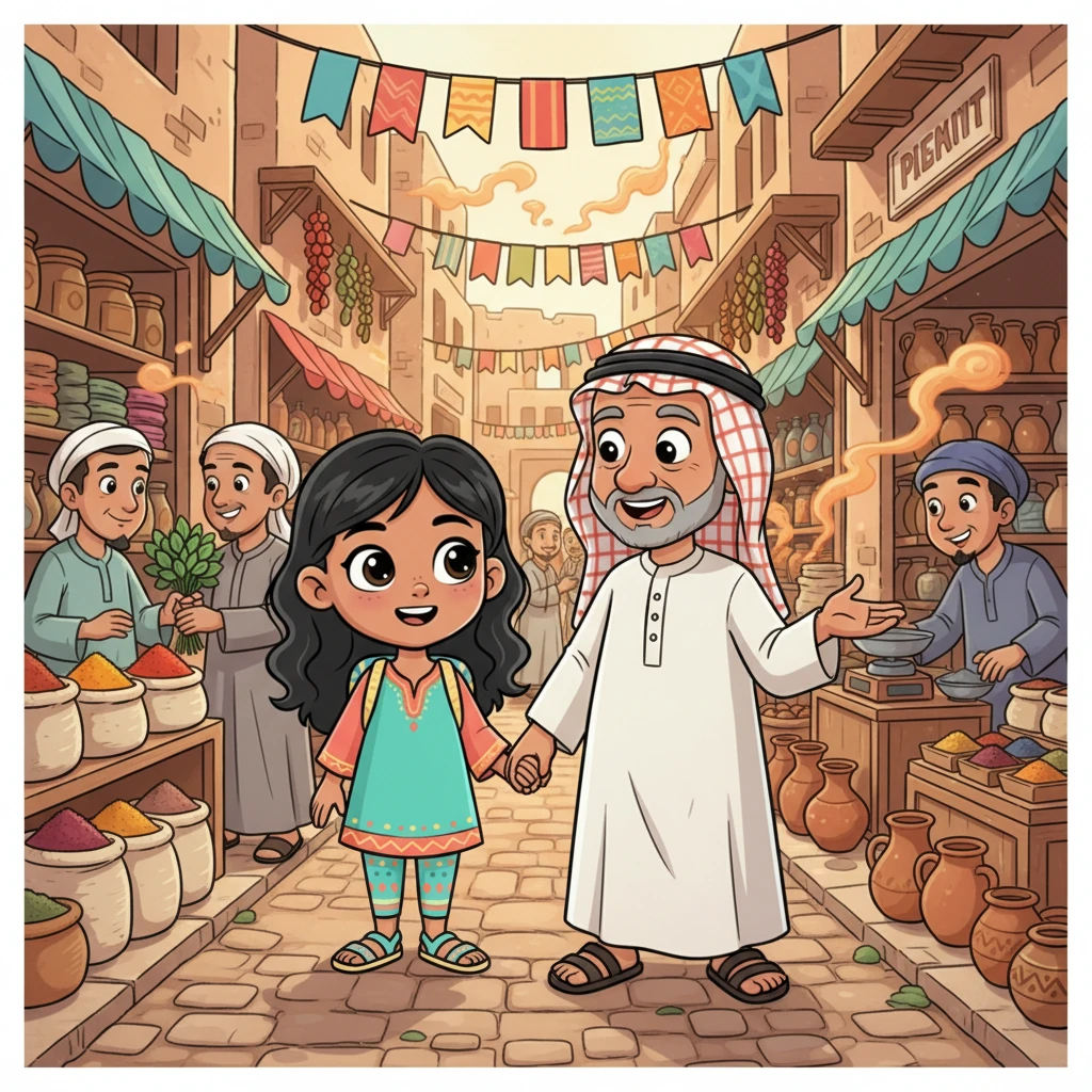 لم يستسلم جدها، فأخذها مرة ثانية إلى السوق القديم، ووعدها بأنها ستجد اللعبة هناك حتمًا. كان السوق القديم مليئًا بالمحلات الصغيرة، ورائحة التوابل تملأ المكان، وأصوات الباعة الودودة تنتشر في كل زاوية. شعرت نور وكأنها عادت إلى زمن جميل وبسيط.