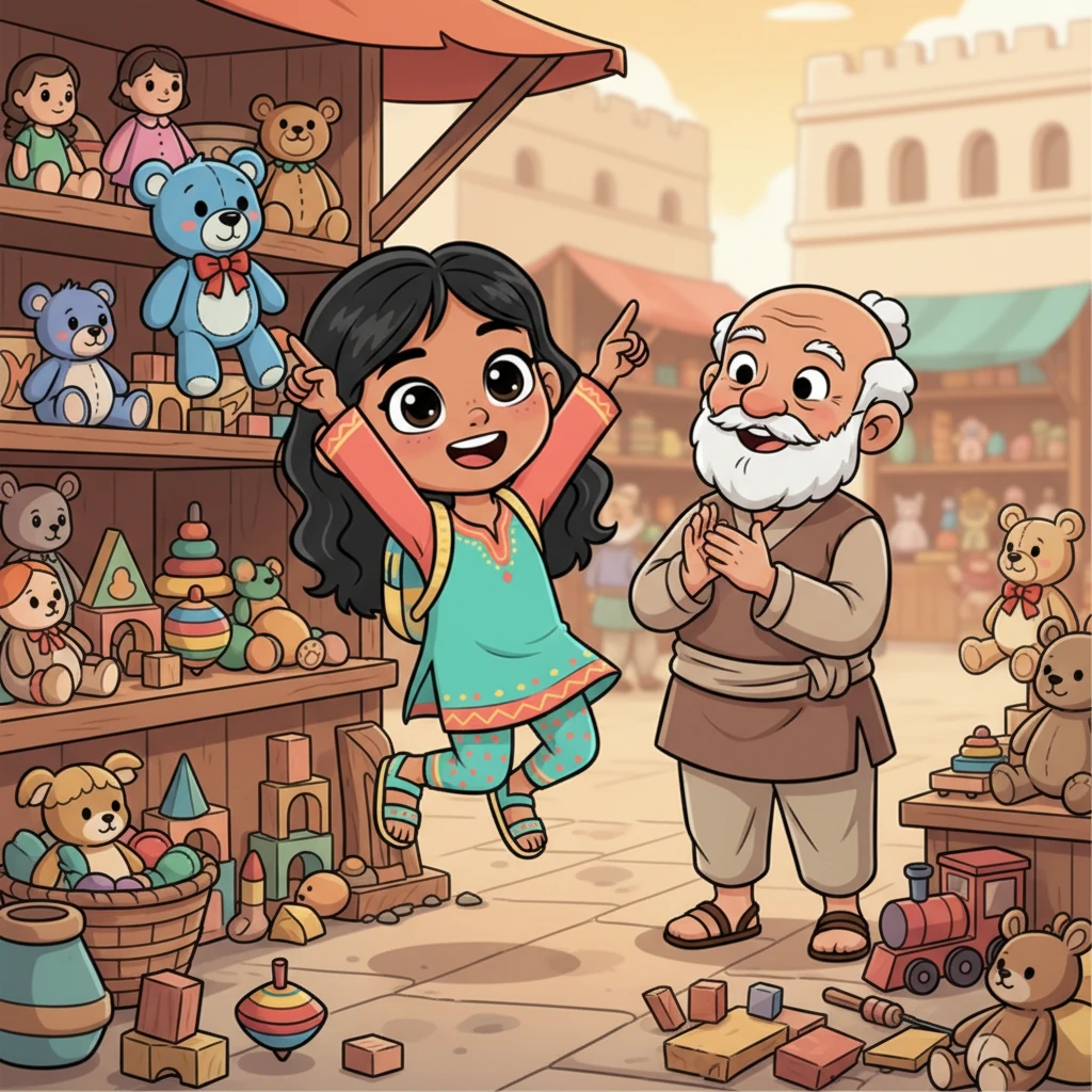 بدأت نور في البحث بين الألعاب المعروضة في المحلات القديمة. فجأة، صرخت بأعلى صوتها بفرحة غامرة: "لعبتي وجدتها! لعبتي وجدتها!". كانت لعبتها الضائعة هناك! فرح الجد كثيرًا عندما رأى الابتسامة المشرقة تعود إلى وجه نور.