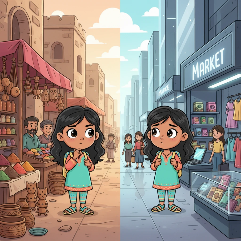 بعد هذه المغامرة، زارت نور السوق الحديث والقديم، وبدأت تفكر في الاختلاف بينهما. شاهدت بساطة التصميم والمنتجات المحلية في السوق القديم، وشاهدت التصميم العصري والمنتجات العالمية في السوق الحديث.