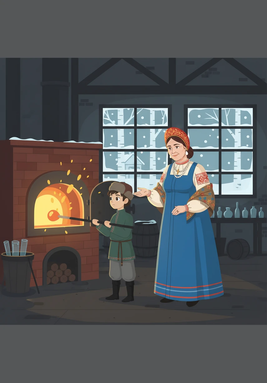 Young Dmitry watches the glowing molten glass in his mother's factory in snowy Tobolsk. The sparks fly as he asks his mother about the secrets hidden within the materials of the world.