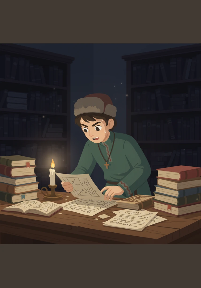 Inside the dimly lit university library, Dmitry is surrounded by towering stacks of old manuscripts and chemical journals. He works late into the night, his face illuminated by a single flickering candle as he searches for a hidden pattern.