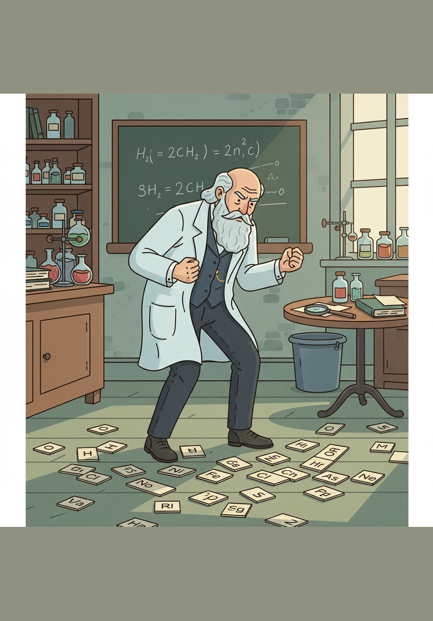 In his cluttered laboratory, Dmitry stares at dozens of cards spread across the floor, each representing a different chemical element. He grows frustrated, pacing back and forth because the elements refuse to fit into a logical order.
