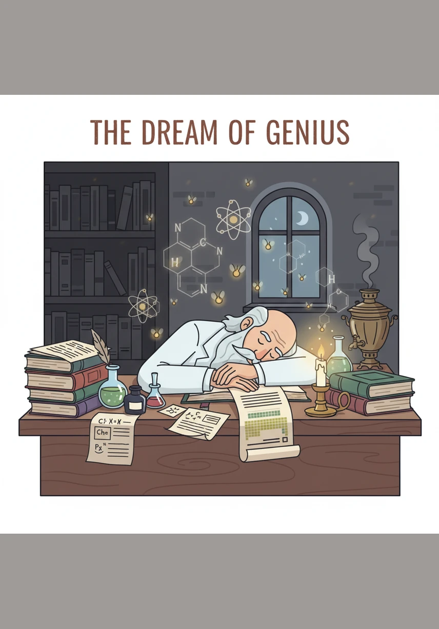 Exhausted from days of intense work, Dmitry falls into a deep sleep right at his desk. In his dream, a magnificent, glowing grid appears in the air, and the elements begin to dance into their perfect positions, forming a celestial map.