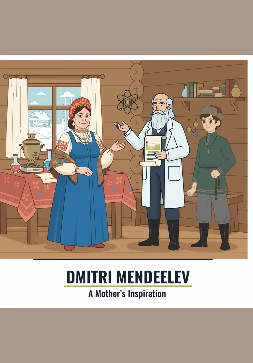 Dmitry wakes up with a start, his eyes wide with realization as he grabs his pen. He quickly arranges the element cards on his wooden table, finally seeing the beautiful harmony and rhythm of the Periodic Law.