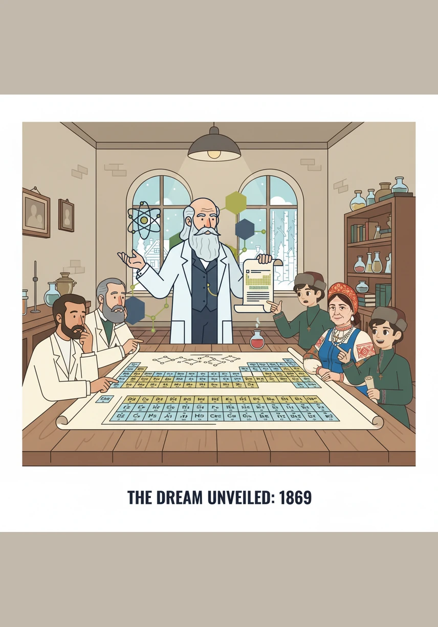 Dmitry presents his discovery to a room full of skeptical scientists, pointing to the organized chart hanging on the wall. He explains that the properties of elements repeat in a predictable cycle, changing the world of chemistry forever.