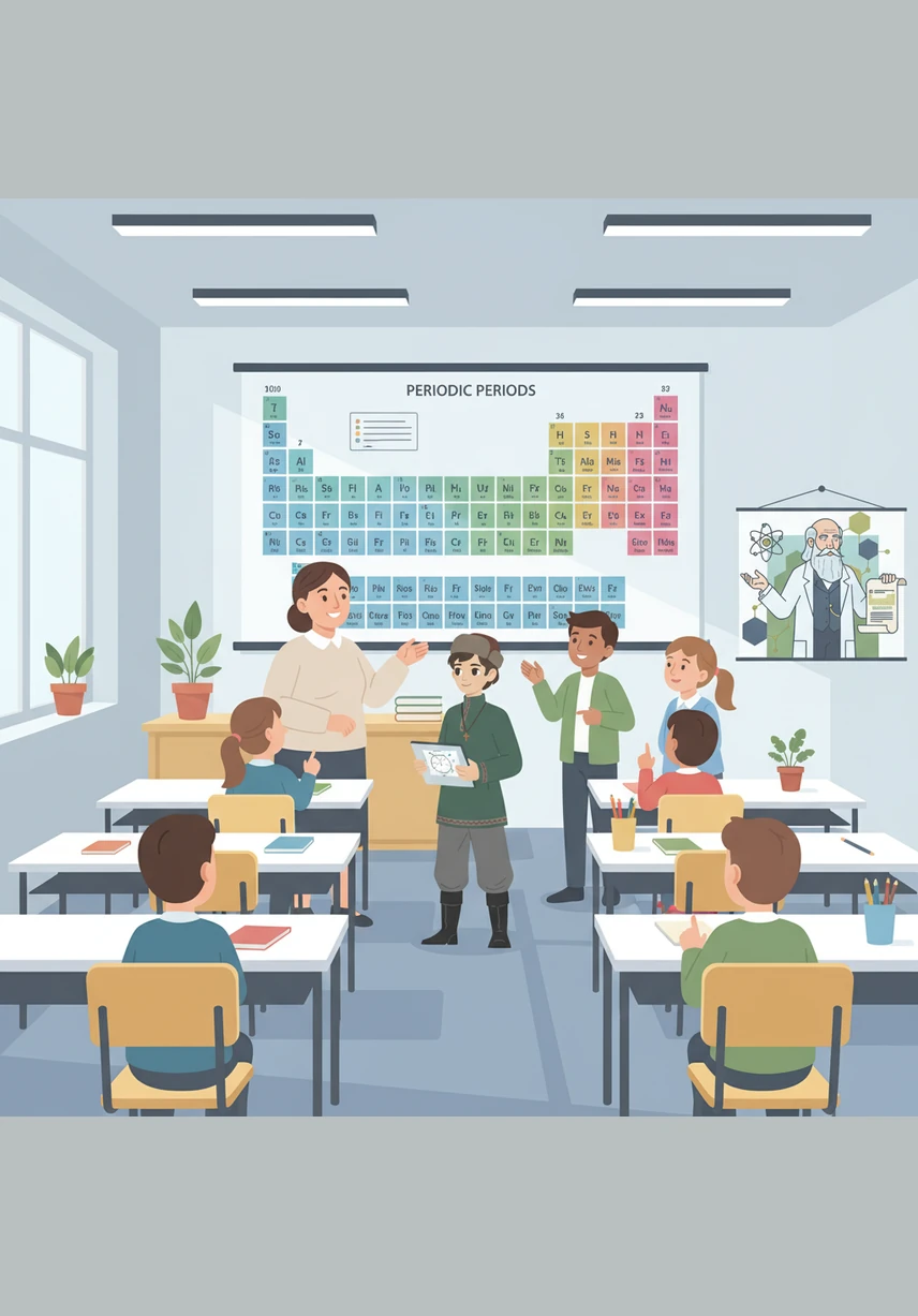 In a bright, modern classroom, students look up at the iconic Periodic Table hanging on the wall. They discuss how Mendeleev's vision provided the fundamental blueprint for all of modern science and technology.