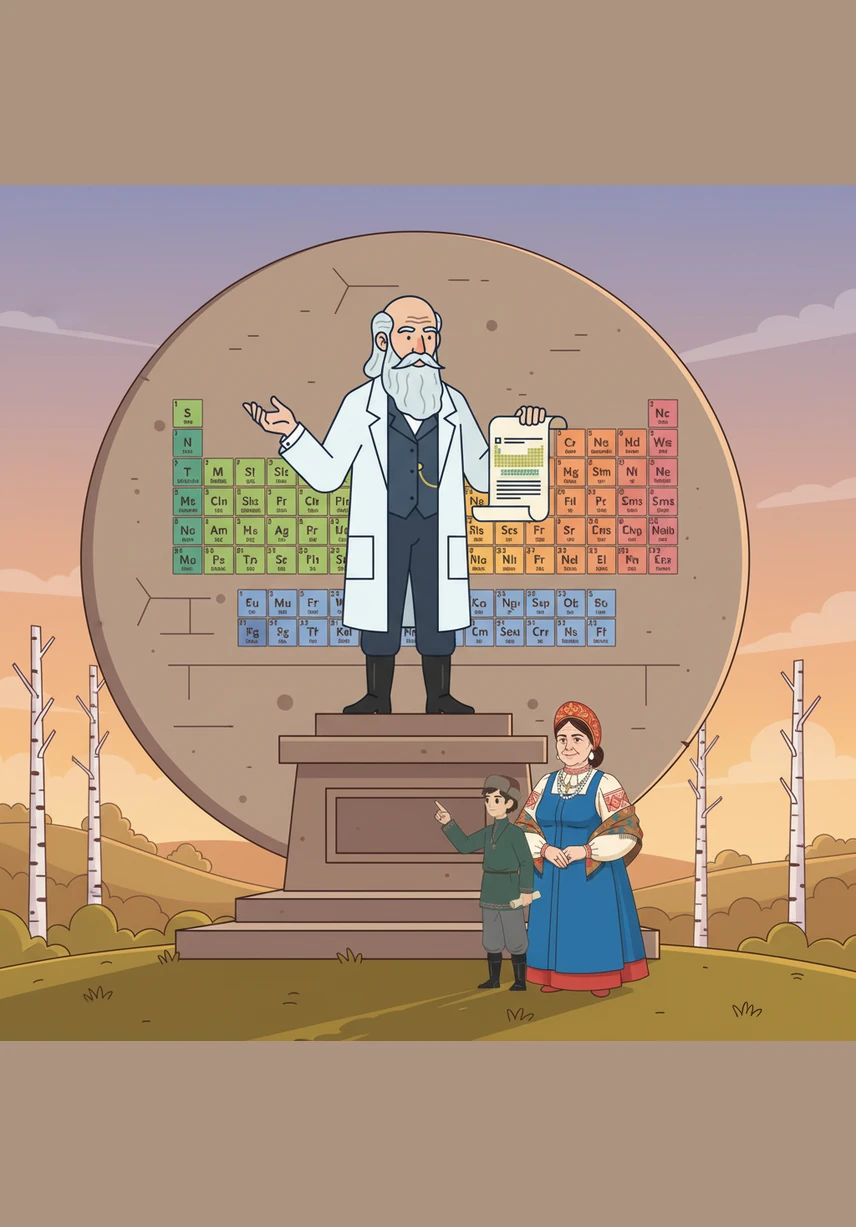 A grand monument of Dmitry Mendeleev stands tall against the horizon, with the giant table of elements etched in stone behind him. His legacy remains a guiding light for every explorer seeking to understand the building blocks of our world.
