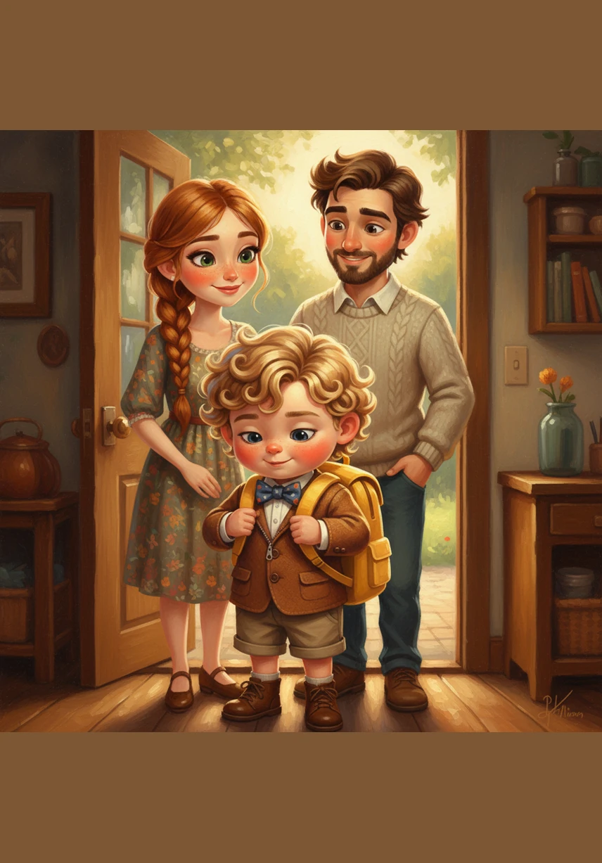 He carefully zips up his bright yellow backpack, feeling like a real explorer ready for a grand mission. His parents stand by the door, sharing a look of pride and warmth as they watch their little boy prepare for his big journey.