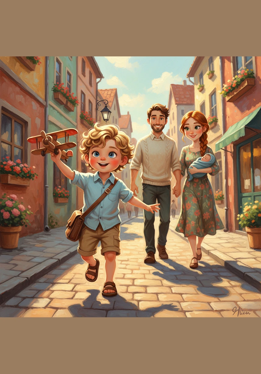 Walking down the sunny sidewalk, Leo skips between his mom and dad while holding their hands tightly. The world feels big and full of wonder as they head toward the special place where his new adventure will begin.