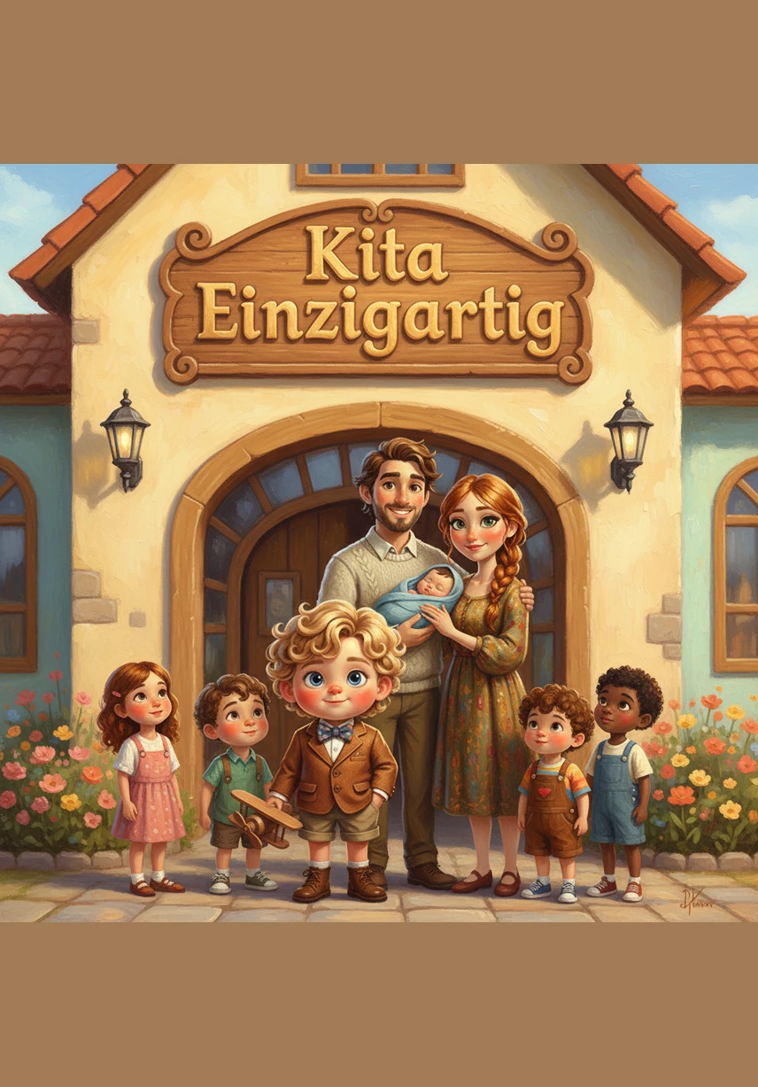 They arrive at a cheerful building where a large, polished sign hangs perfectly above the entrance. The sign clearly displays the name Kita Einzigartig in a beautiful, friendly font that seems to sparkle under the morning sun.