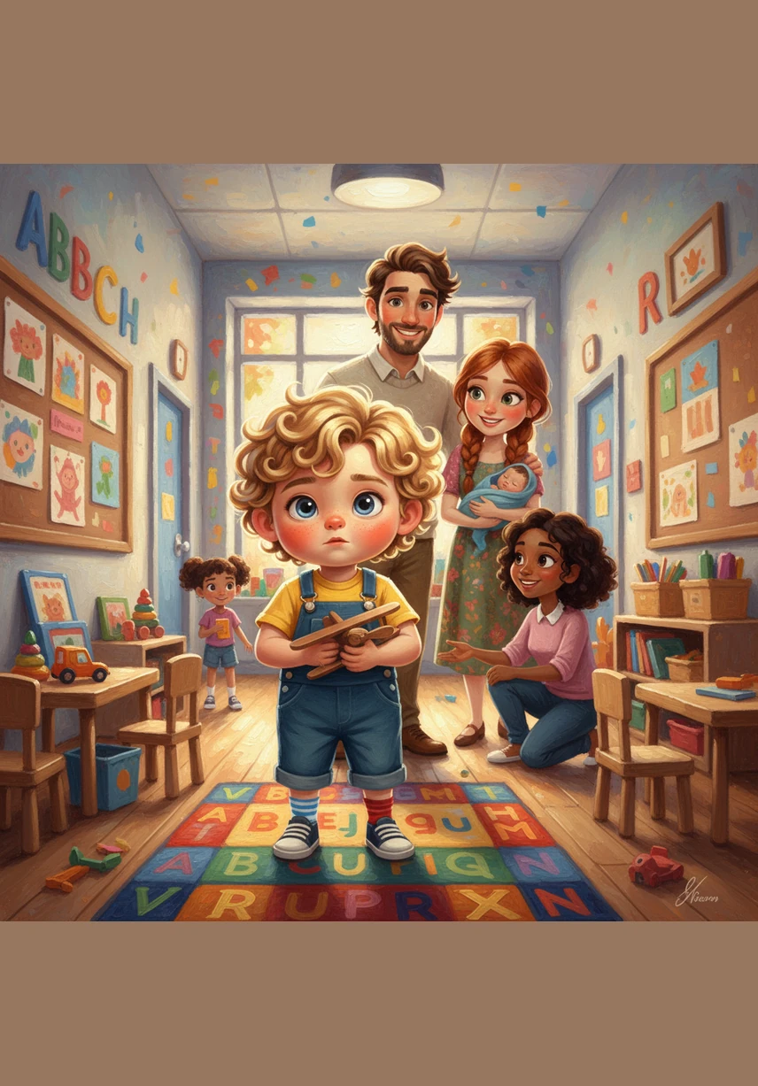 Leo gazes into the hallway, his mouth slightly open in awe at the sight of the glowing, colorful interior. The kindergarten looks like a palace of fun, where every mural on the wall tells a story and every corner holds a secret to discover.