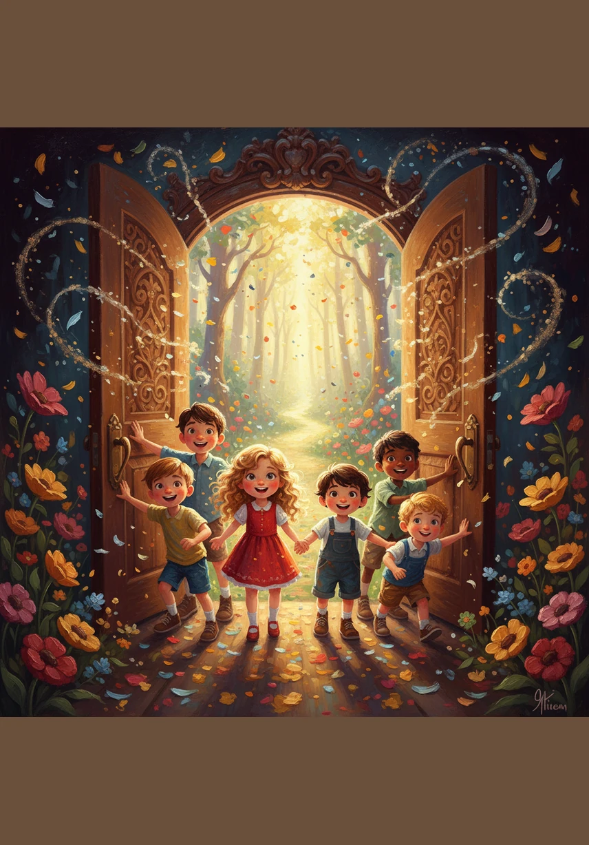 A group of excited children nearby let out cheers of joy as they see the doors open. They start racing toward the entrance with pure excitement, their colorful clothes and happy faces creating a whirlwind of energy as they enter.