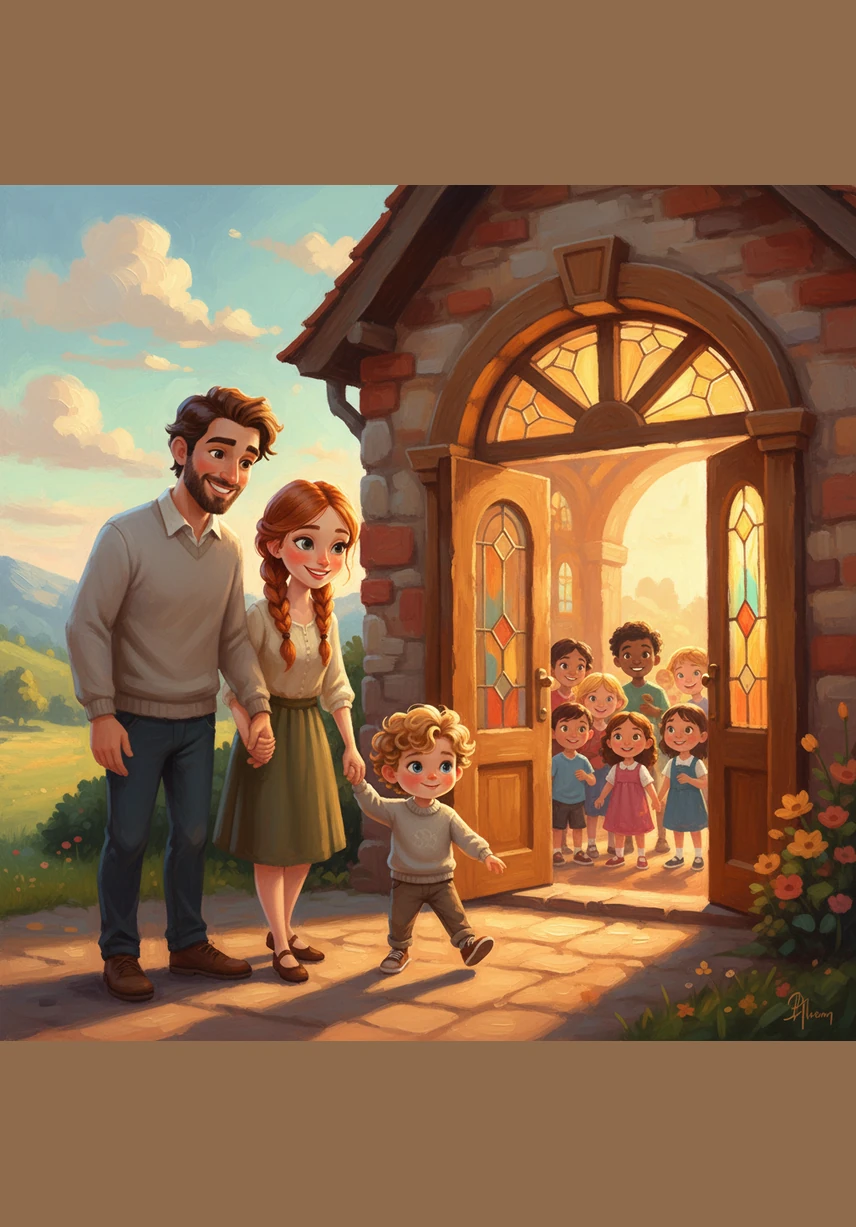 With a final encouraging nod and a squeeze of the hand from his parents, Leo takes a big, brave step toward the entrance. He feels a sense of belonging as the warmth of the building wraps around him like a soft, welcoming hug.