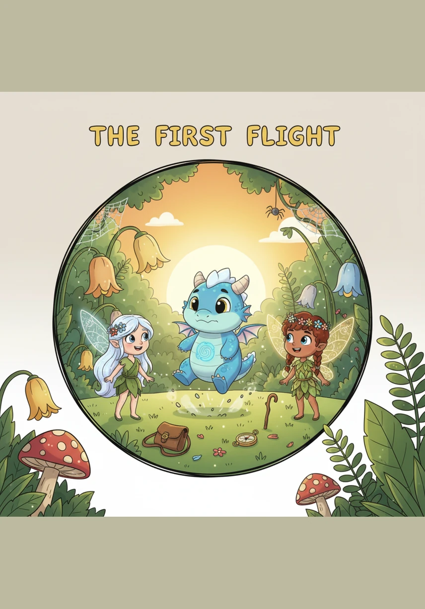 Lumi and Petals, two tiny shimmering fairies with gossamer wings, fly across the sparkling blue ocean from Mimi and Bapa’s garden. They arrive in the lush, green landscapes of New Zealand, their trail of magic dust glowing against the romantic, soft-focus hills as they search for their friends.