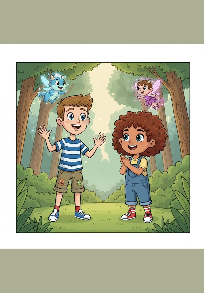 Liam, with his straight brown hair, and little Cleo, with her short bouncy curls, are overjoyed to find the fairies waiting for them in the garden. Lumi and Petals flutter around their heads, whispering that a grand adventure is about to begin in the mystical woods of Snowden Park.