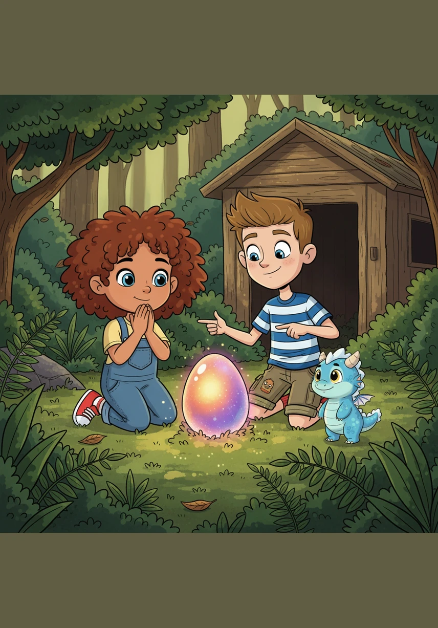 Deep within the ferns of Snowden Park, the group discovers a magnificent, iridescent egg nestled in a bed of moss. It shimmers with orange and purple light, looking like a fallen star, and the children decide to keep it safe in their secret hideout in the bicycle shed.