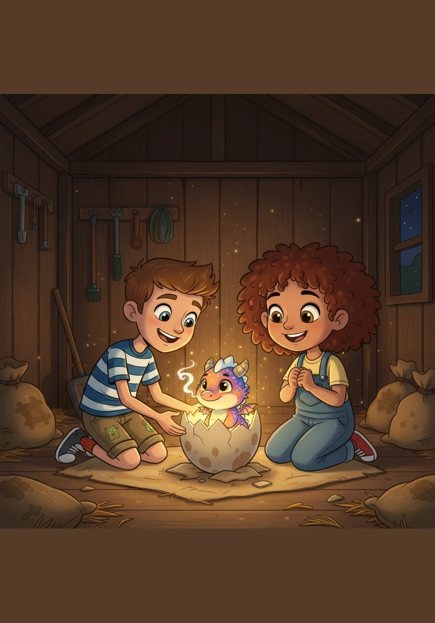 Inside the quiet shed, the egg begins to crack and glow with a warm light until a tiny dragon with shimmering orange and purple scales emerges. Liam and Cleo name him Fizzle, but as he lets out a friendly, smoky chirp, they affectionately call him Lugga, their new secret best friend.