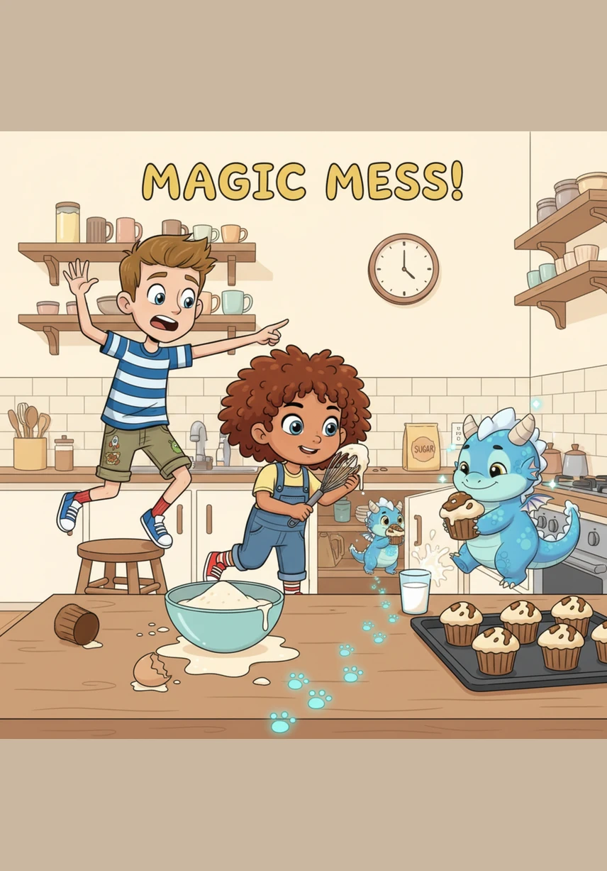 Liam and Cleo sneak out of the kitchen with plates piled high with cheese, bread, and crisp apples to feed their growing dragon. In the background, Mom looks confused as she checks the pantry, wondering where all the food has gone and playfully blaming Dad for the missing snacks.