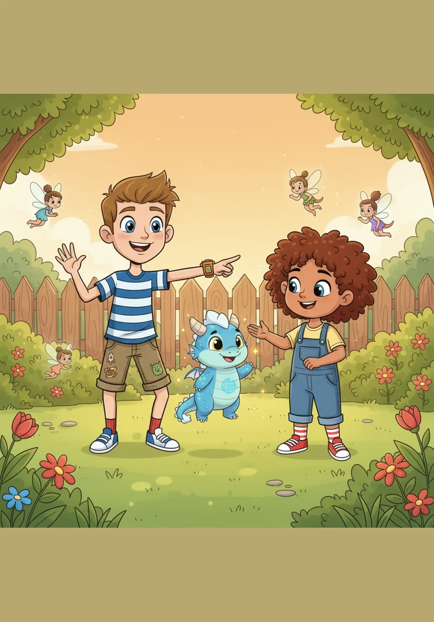 One sunny afternoon while Mom and Dad are busy inside, Liam and Cleo lead Lugga out into the yard for some fresh air. The garden is filled with soft, romantic light as the fairies hover nearby, watching the children play with their magical, shimmering companion.