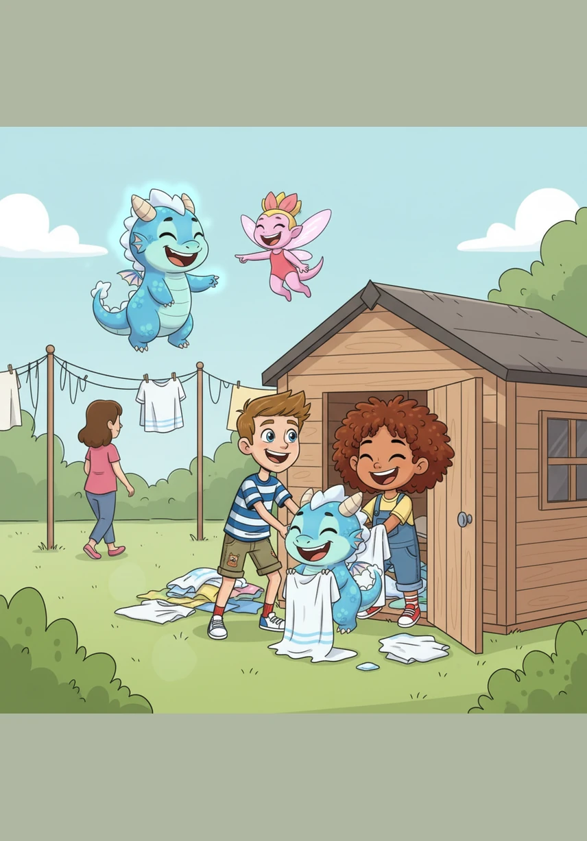 Oh no, we have to hide him! Liam and Cleo quickly usher a giggling Lugga back into the shed before Mom can see the laundry disaster. Lumi and Petals laugh along with them, telling the children that soon they must all travel to meet Harli and Maddie in Mimi and Bapa’s garden.