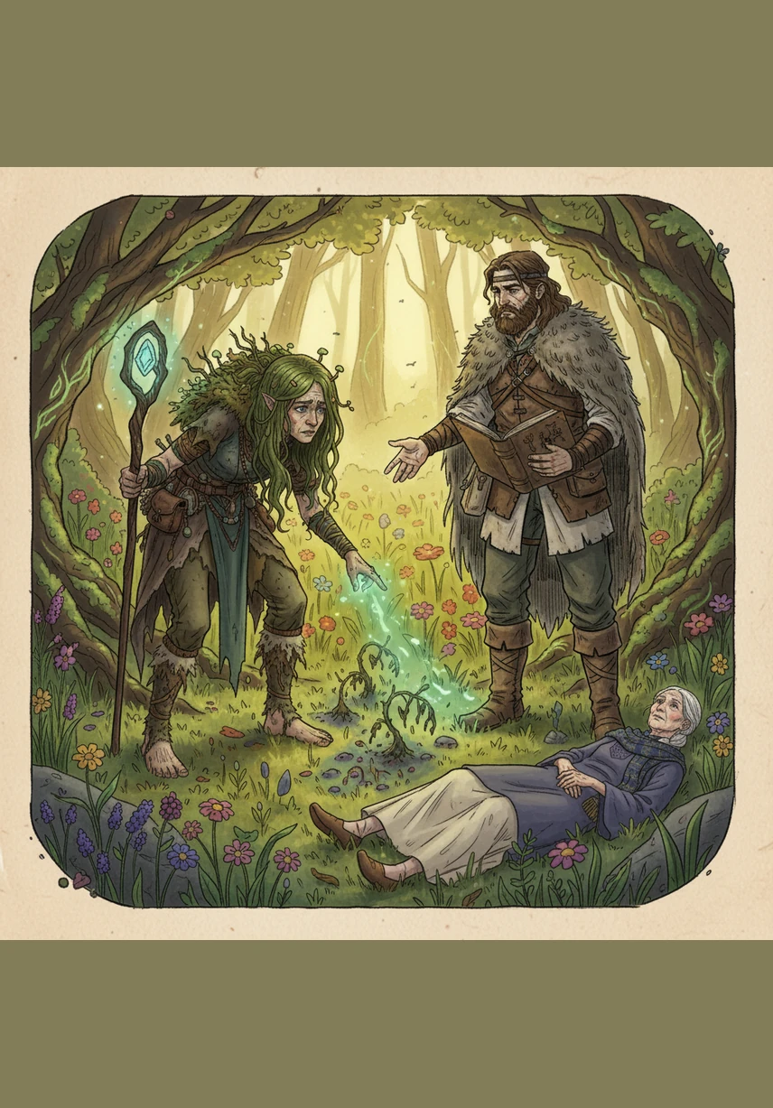 Elara stands among a group of friends in a sun-drenched meadow, her hand held by another, yet her gaze is locked onto Elias. Though he is with someone else, an invisible thread of destiny pulls them toward one another amidst the laughter of their companions.