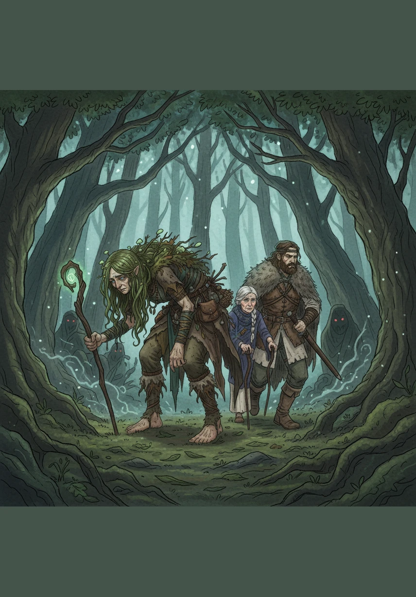 A sudden chill sweeps through the woods as the group feels an ominous presence trailing them through the tall, whispering trees. The vibrant colors of the forest turn to shades of deep indigo and grey as they run toward a distant, flickering light.