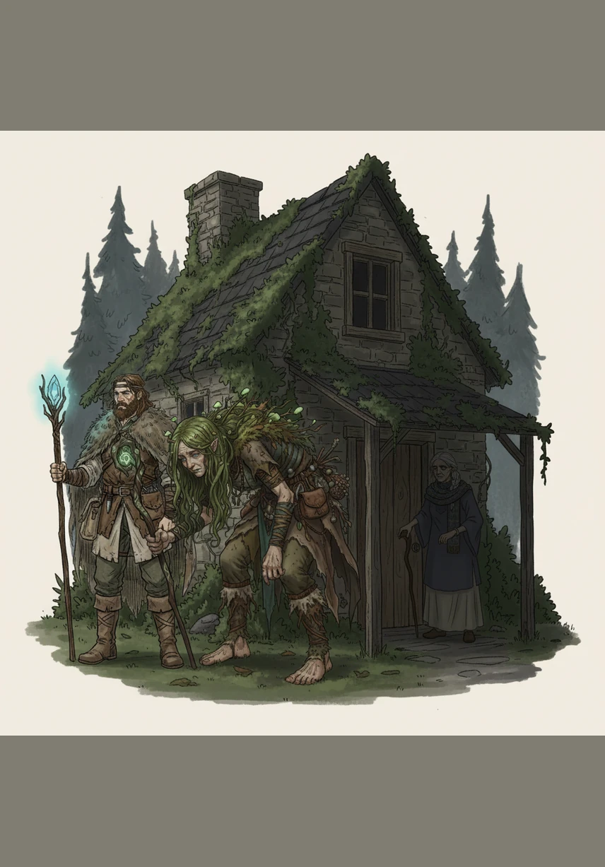They reach a weathered, ivy-covered cottage where a hunched figure watches from the shadows of the porch. Fear grips the air, and the group seeks refuge within the creaking wooden walls of the mysterious old woman's home.