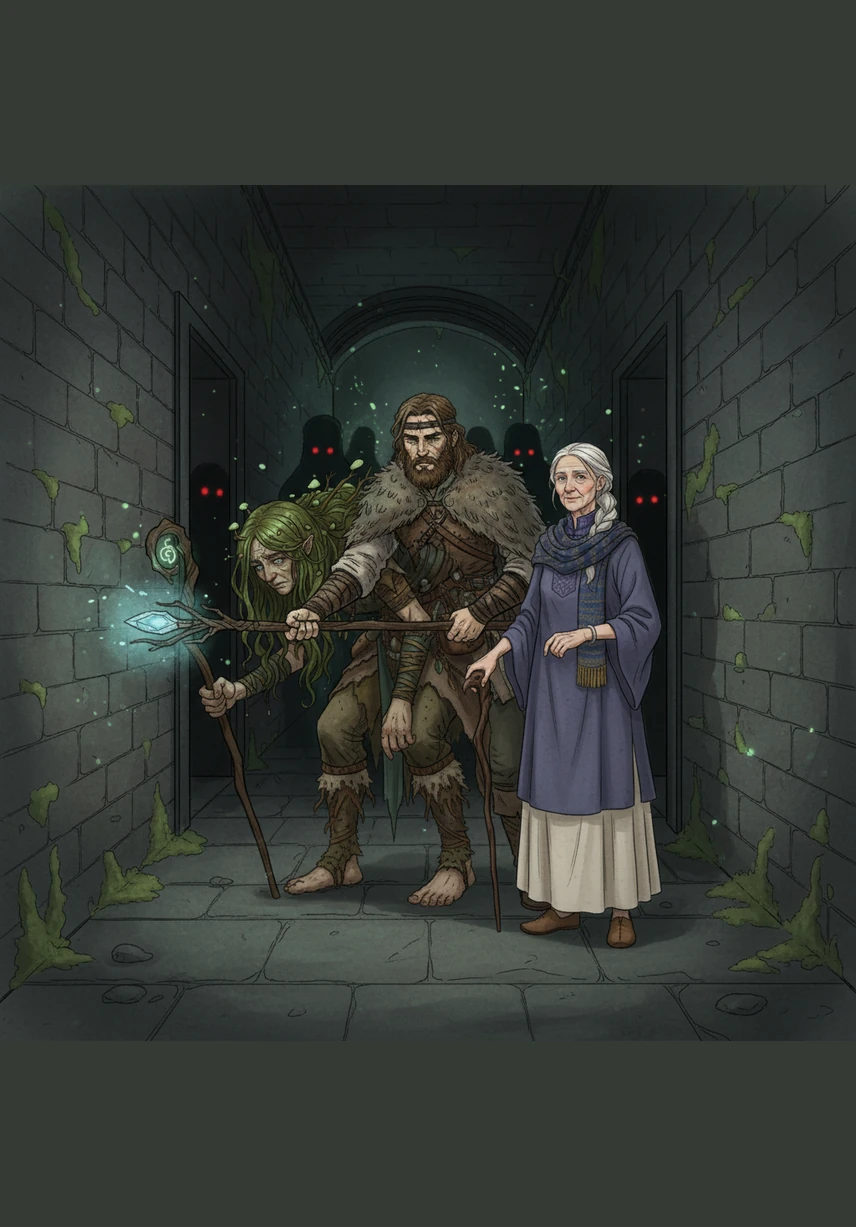 Inside the dimly lit hallway, Elias pushes Elara toward the back rooms, whispering a promise of safety and protection. He turns back toward the heavy front door, preparing to face whatever darkness has followed them from the woods.