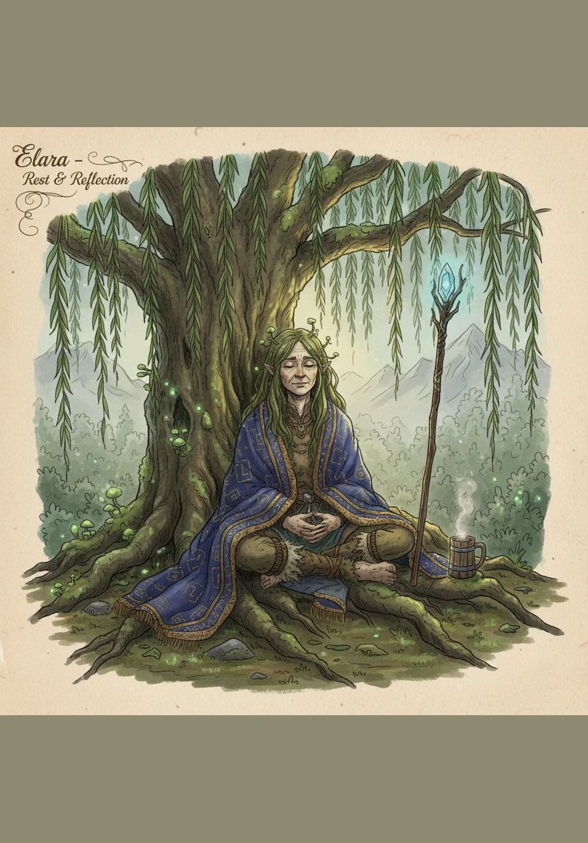 Elara sits peacefully under the great willow tree, leaning her head against the shoulder of the man who exists only in her mind. Though the world sees a lonely woman in a forest, she lives in a beautiful, eternal dream built from a love that refused to let go.