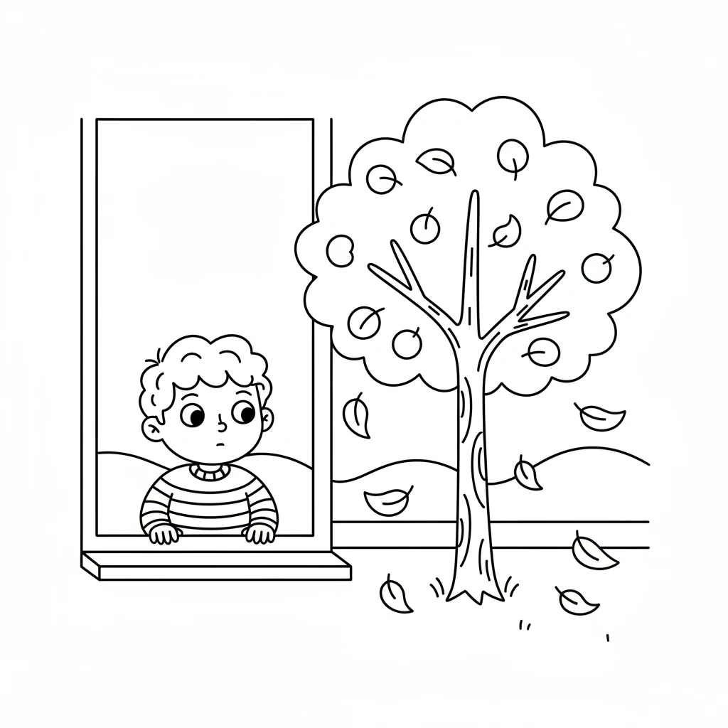 One crisp autumn morning, little Leo peeked out his window. The trees outside were a riot of red, orange, and gold. A few colorful leaves danced down to the ground.