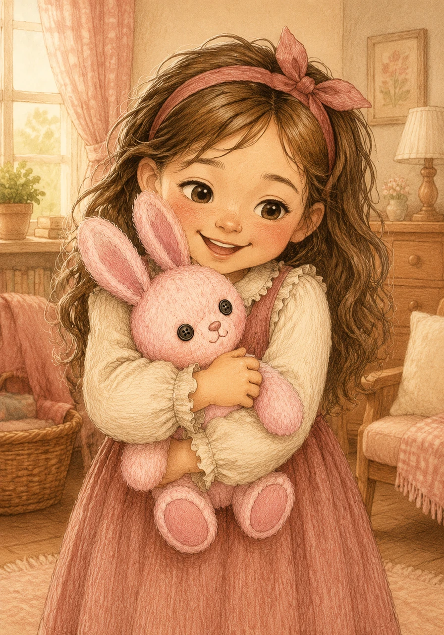 Little Manessa held her very first gift from her mommy, a soft, plush bunny named Pinky. From the moment they met, Pinky became her inseparable companion, sharing every giggle and every quiet moment in their cozy home.