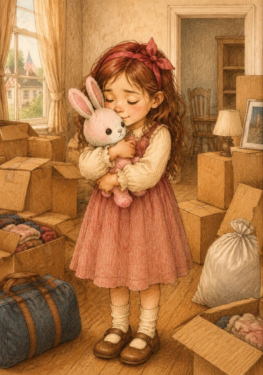 One day, the time came for Manessa’s family to pack their bags and say goodbye to their home in America. Amidst the boxes and the bustle of moving, Manessa hugged Pinky tight, promising him that new adventures awaited them across the sea.