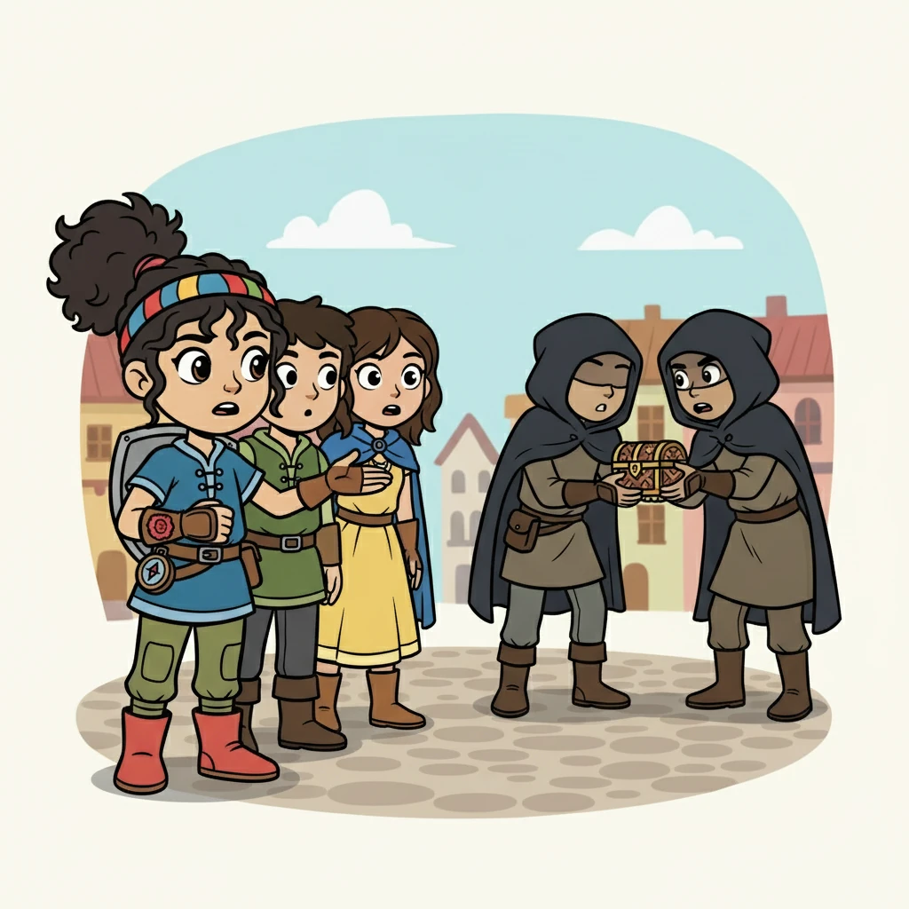 The strangers, whispering urgently, exchanged a small, ornate box. Liam, noticing their furtive glances, nudged Elara and Chloe. The box seemed to hold a secret, something they instinctively knew was important.