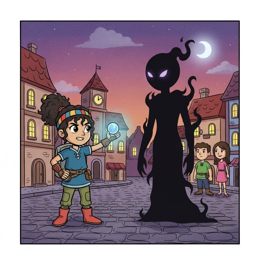 Finally, they cornered the shadowy figure in the town square. Confrontation was inevitable, and the friends stood together, ready to face whatever lay ahead. Elara's courage shone brightly.
