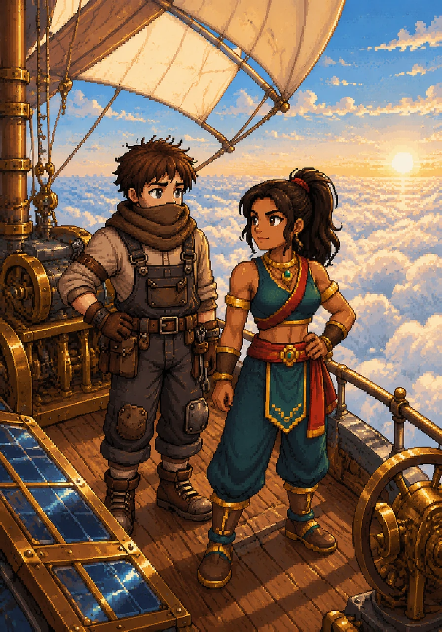 Leo and Maya stand on the polished wooden deck of their solar-powered airship, the Sky-Hopper, as they prepare for the Great Floating Festival. The morning sun casts a golden glow over the brass gears and silk sails, while a sea of soft white clouds stretches out beneath them.