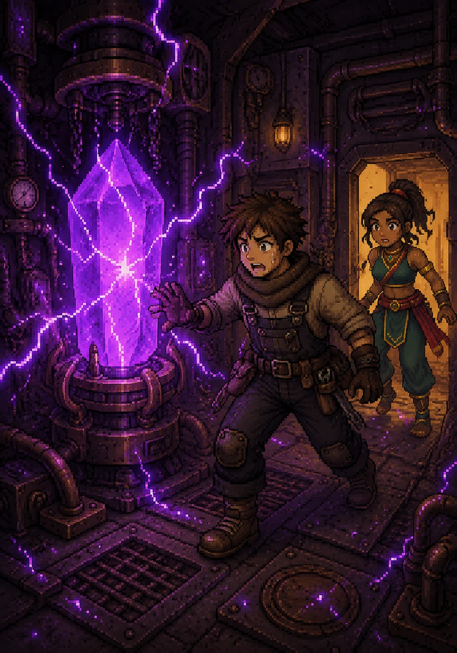 A sudden, sharp crack echoes from the heart of the ship, followed by the smell of ozone and a flickering light. Leo rushes to the engine room to find their primary power crystal fractured, emitting erratic sparks of purple energy that dance across the walls.
