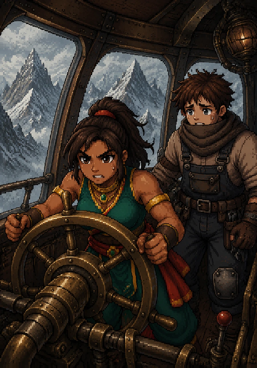 The airship lurches violently as the engine stalls, losing its steady hum and leaving the friends in a terrifying silence. Maya grips the brass steering wheel with all her might, trying to stabilize the ship as it begins to drift aimlessly toward a range of sharp, snow-capped peaks.