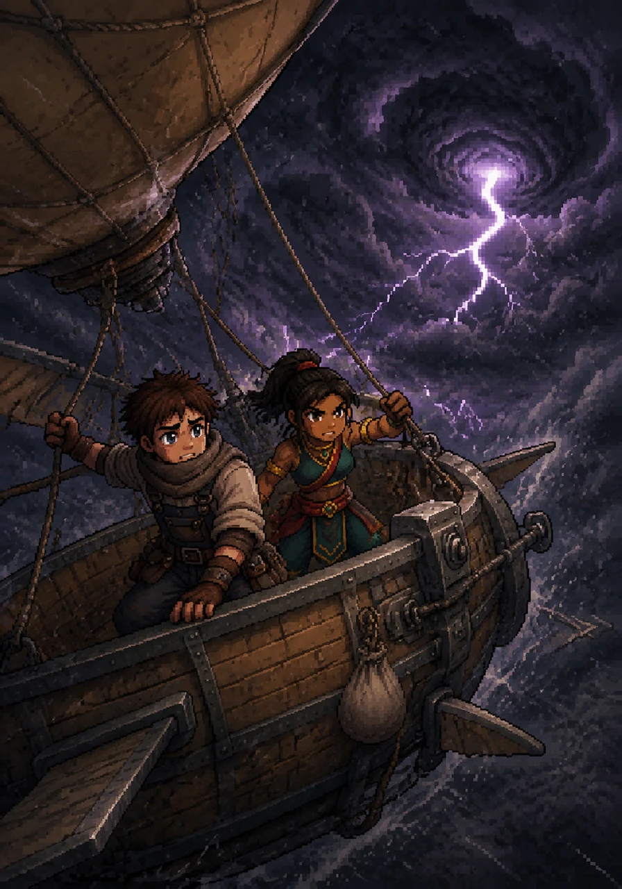Dark, swirling storm clouds gather on the horizon, flashing with internal lightning that illuminates the darkening sky. The wind begins to howl through the rigging, tossing the Sky-Hopper like a toy and making it clear that they are directly in the path of a tempest.