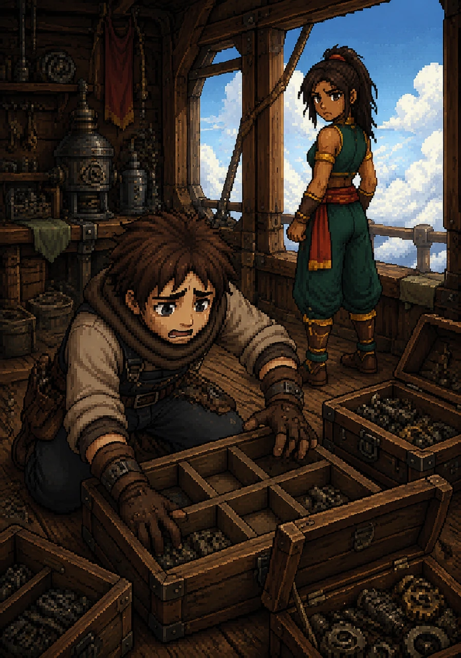 Leo frantically searches his wooden tool chests, but his heart sinks as he realizes they have no spare power crystals left. He looks up at Maya, his face pale with worry, as they realize they are trapped in the sky without a way to restart their journey.