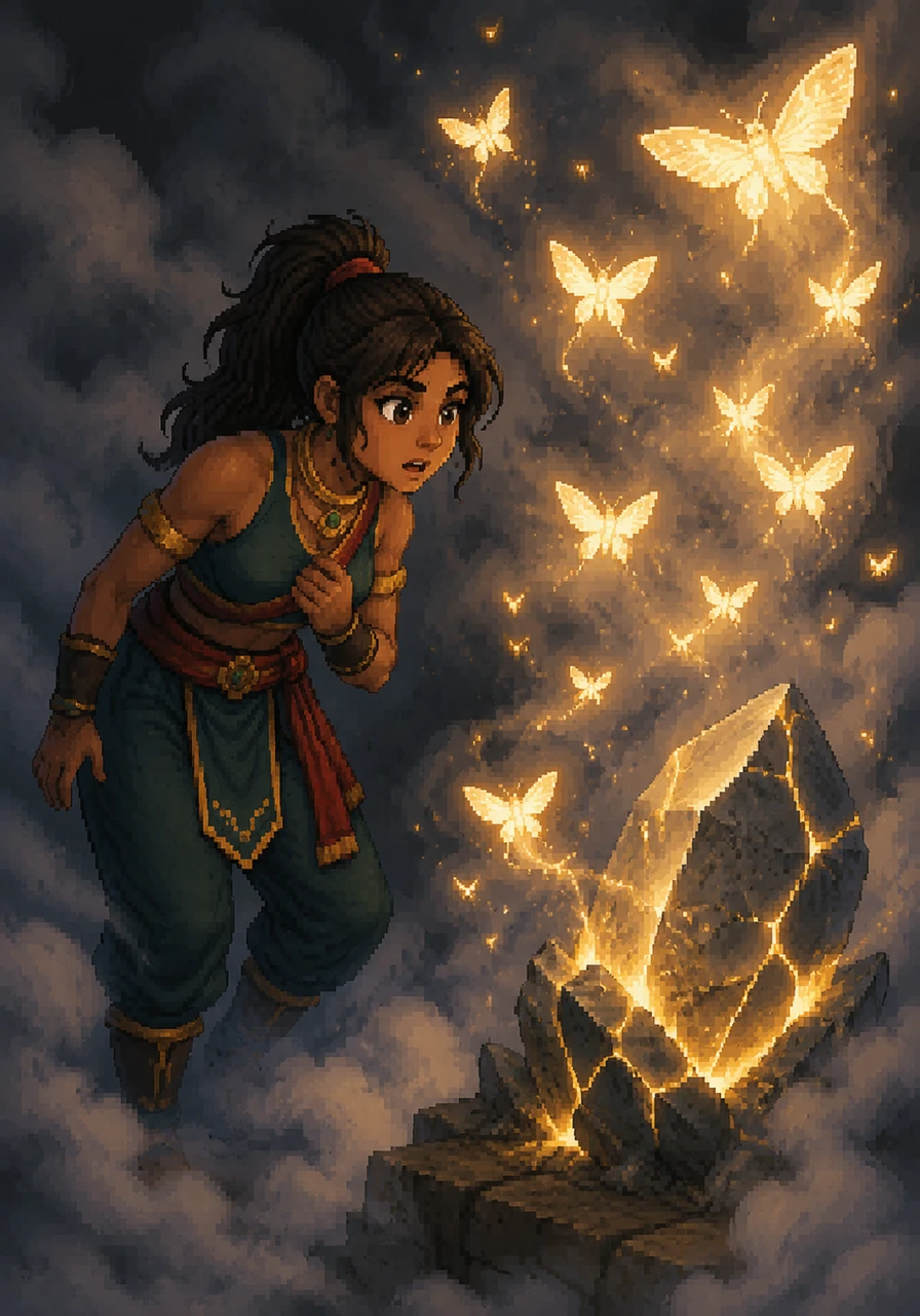 Through the mist, Maya spots a shimmering cloud of Star-Moths, magical creatures that glow with a rhythmic, golden light. She realizes their natural energy might be enough to jumpstart the cracked crystal if they can only bring them on board.
