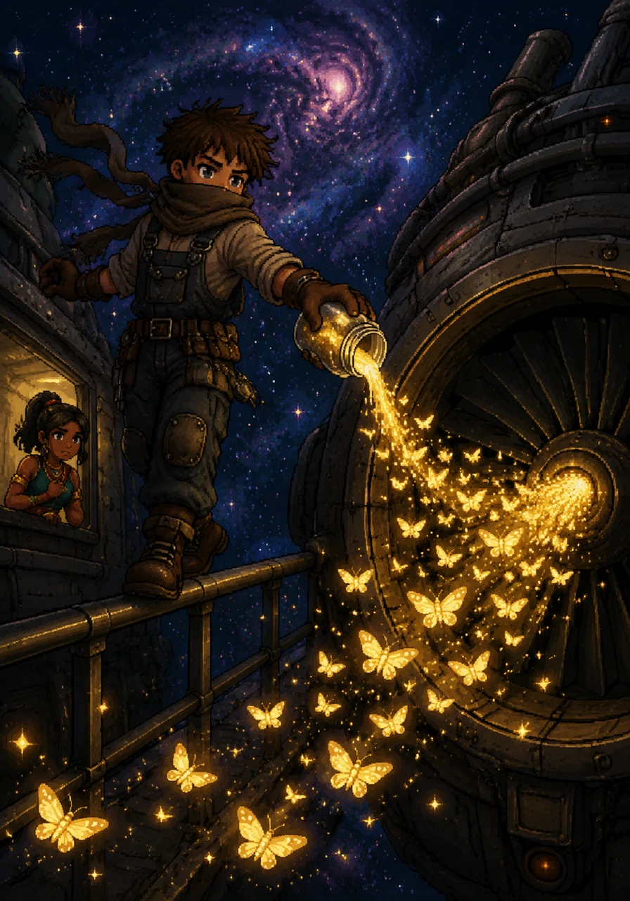 Leo bravely climbs onto the outer railing, holding a jar of sweet moon-nectar to lure the glowing moths toward the engine intake. The wind whips his scarf around his face, but he stays steady, guiding the trail of golden light into the ship's mechanical heart.