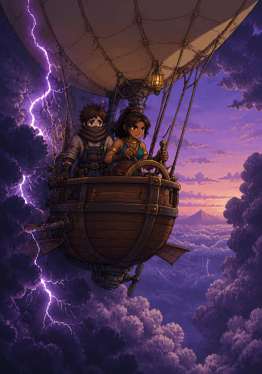 Maya steers the airship with masterly skill, navigating through the narrow gaps between the towering thunderheads. Bolts of lightning strike the sky around them, but the ship holds strong, finally bursting through the clouds into the calm, purple twilight.