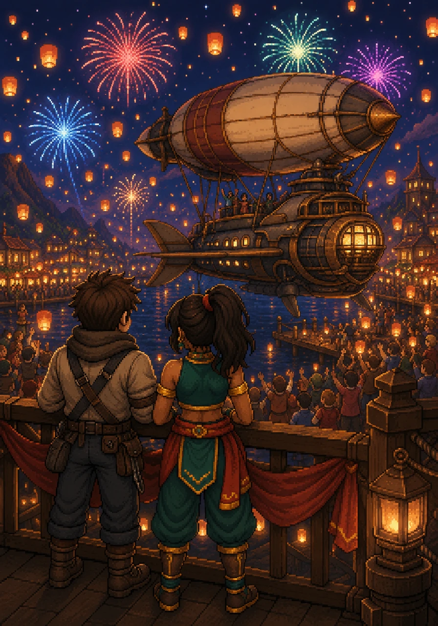 The Sky-Hopper glides gracefully into the festival docks, greeted by hundreds of floating lanterns and cheering crowds. Leo and Maya stand together at the railing, watching the fireworks and knowing that their friendship is the strongest engine of all.