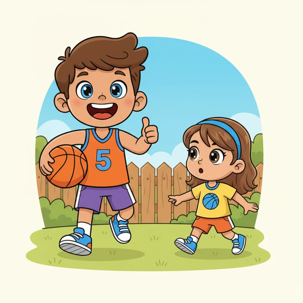 Leo, a vibrant five-year-old, bursts into the sunny backyard, a bright orange basketball tucked under his arm. His little sister, Mia, a curious two-year-old with big, sparkling eyes, toddles out behind him, her gaze fixed on the bouncy ball. Leo grins, ready for some serious hoop action.