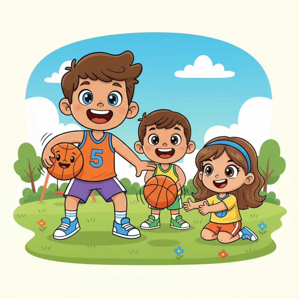 Leo expertly dribbles the ball, his movements quick and energetic, while Mia watches with wide-eyed wonder. She giggles, reaching out tiny hands to try and catch the bouncing sphere. Leo laughs, gently nudging the ball towards her.