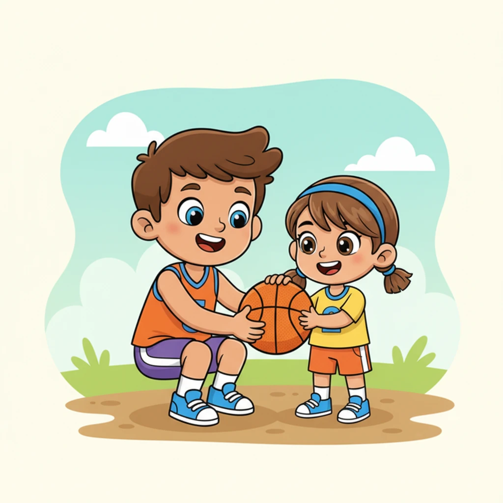 Leo crouches down, showing Mia how to hold the big ball with both hands. He helps her wrap her small fingers around its textured surface. Mia's face is a mix of concentration and delight as she tries to mimic her brother.