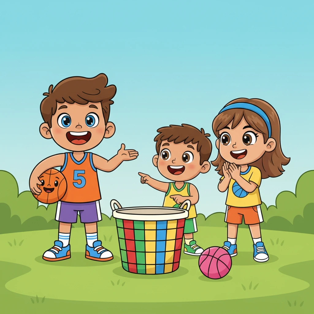 To make it easier, Leo brings out a colorful laundry basket and places it on the ground. 'Our special hoop!' he declares with a flourish. Mia claps her hands, understanding this new, fun target.