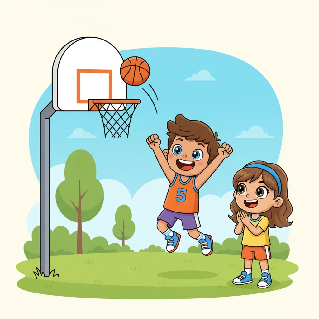Leo demonstrates a careful shot, bending his knees and pushing the ball gently towards the basket. The ball rolls in with a soft thud. He gives a triumphant cheer, showing Mia how it's done.